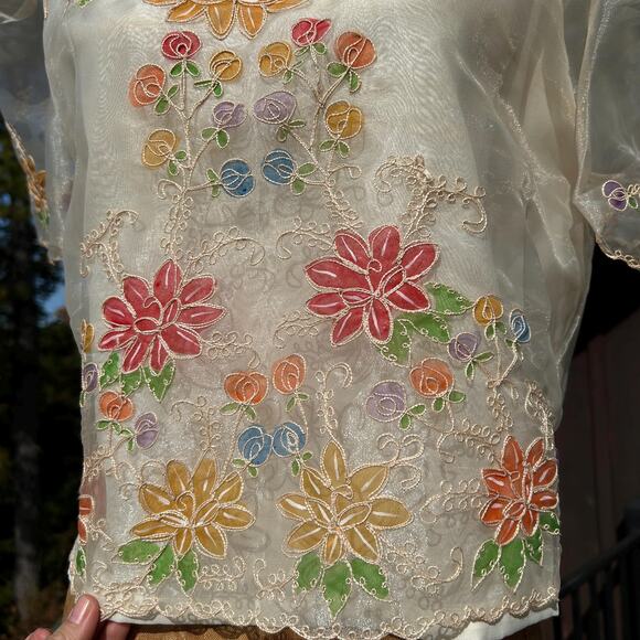 Vintage 70s Sheer Organza Peaked Puff Sleeve "Stained Glass" Boxy Cropped Blouse - Picture 4 of 8